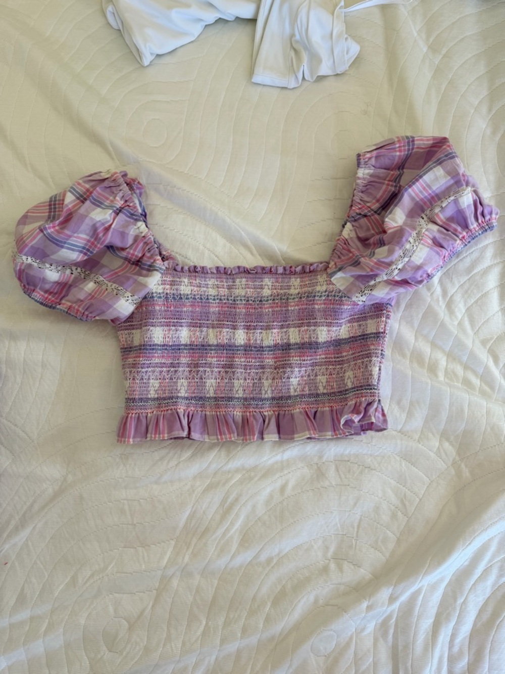 Loveshackfancy Smocked Puff-Sleeve Cropped Top in Lavender Plaid